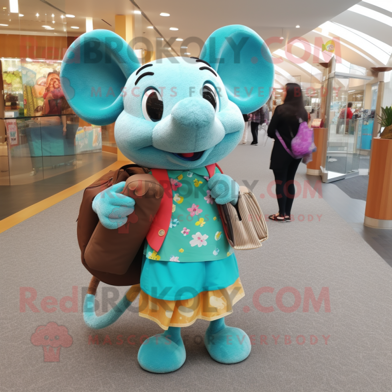 Turquoise Mouse mascot costume character dressed with a Maxi Skirt and Backpacks Turquoise Mouse mascot costume character dressed with a Maxi Skirt and Backpacks