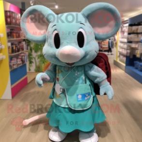 Turquoise Mouse mascot costume character dressed with a Maxi Skirt and Backpacks