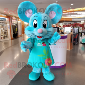 Turquoise Mouse mascot costume character dressed with a Maxi Skirt and Backpacks