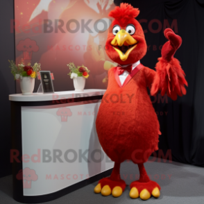 Red Chicken mascot costume character dressed with a Cocktail Dress and Cufflinks