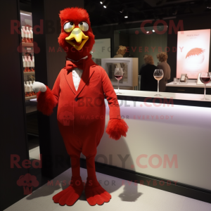 Red Chicken mascot costume character dressed with a Cocktail Dress and Cufflinks