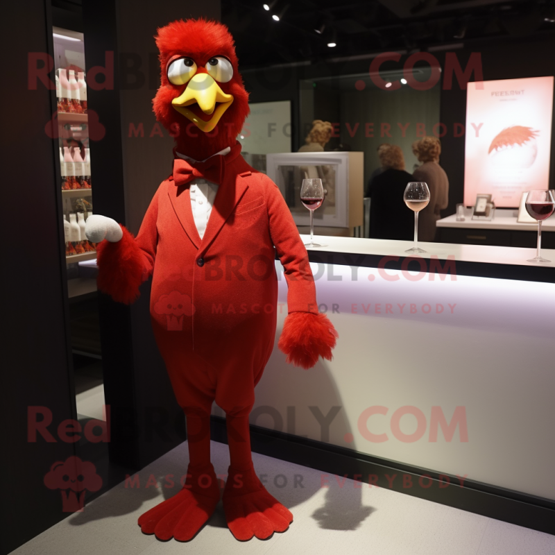 Red Chicken mascot costume character dressed with a Cocktail Dress and Cufflinks Red Chicken mascot costume character dressed with a Cocktail Dress and Cufflinks