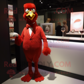 Red Chicken mascot costume character dressed with a Cocktail Dress and Cufflinks