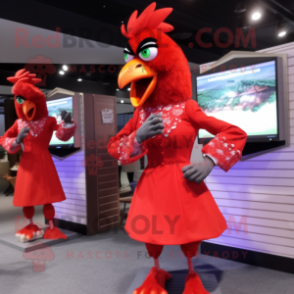 Red Chicken mascot costume character dressed with a Cocktail Dress and Cufflinks