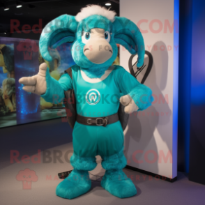 Turquoise Ram mascot costume character dressed with a Romper and Scarf clips