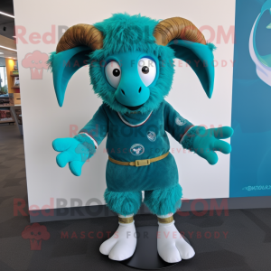 Turquoise Ram mascot costume character dressed with a Romper and Scarf clips