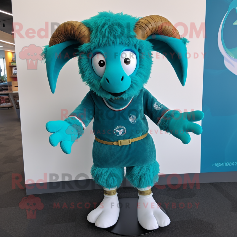 Turquoise Ram mascot costume character dressed with a Romper and Scarf clips Turquoise Ram mascot costume character dressed with a Romper and Scarf clips