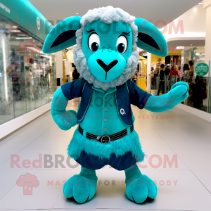 Turquoise Ram mascot costume character dressed with a Romper and Scarf clips