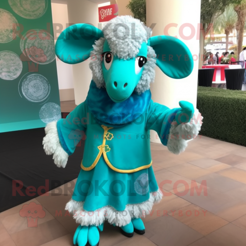 Turquoise Ram mascot costume character dressed with a Romper and Scarf clips