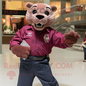 Maroon Panther mascot costume character dressed with a Poplin Shirt and Messenger bags