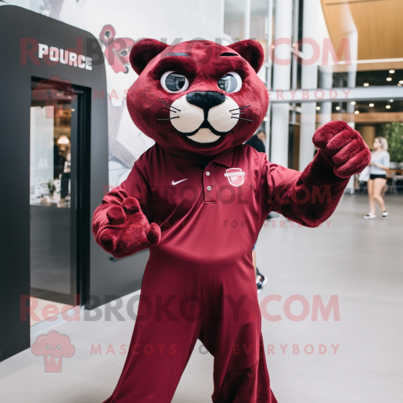 Maroon Panther mascot costume character dressed with a Poplin Shirt and Messenger bags