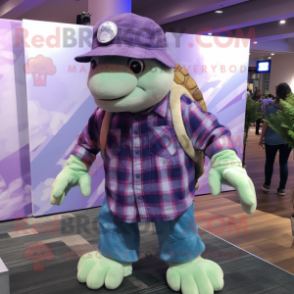 Lavender Sea Turtle mascot costume character dressed with a Flannel Shirt and Hat pins