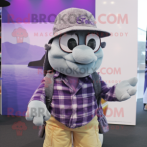 Lavender Sea Turtle mascot costume character dressed with a Flannel Shirt and Hat pins