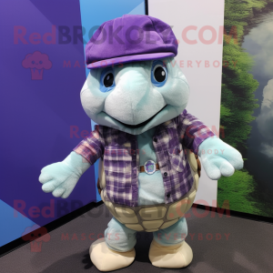 Lavender Sea Turtle mascot costume character dressed with a Flannel Shirt and Hat pins
