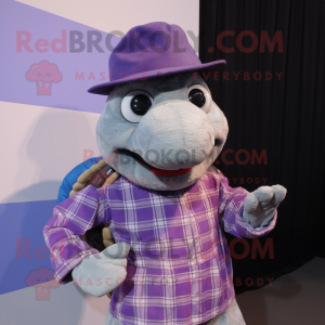 Lavender Sea Turtle mascot costume character dressed with a Flannel Shirt and Hat pins