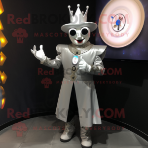 Silver Magician mascot costume character dressed with a Jacket and Smartwatches