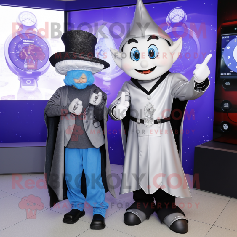 Silver Magician mascot costume character dressed with a Jacket and Smartwatches