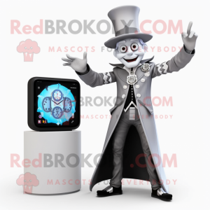 Silver Magician mascot costume character dressed with a Jacket and Smartwatches