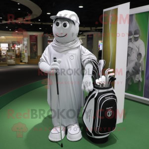 Silver Golf Bag mascot costume character dressed with a Long Sleeve Tee and Shawls