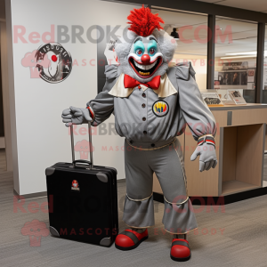 Gray Evil Clown mascot costume character dressed with a T-Shirt and Briefcases