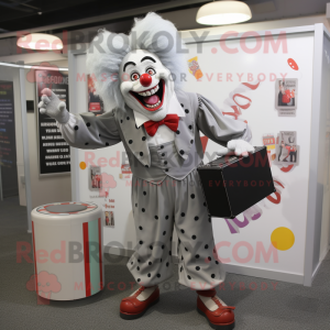 Gray Evil Clown mascot costume character dressed with a T-Shirt and Briefcases