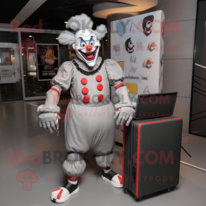 Gray Evil Clown mascot costume character dressed with a T-Shirt and Briefcases