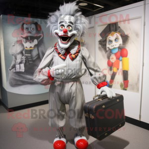 Gray Evil Clown mascot costume character dressed with a T-Shirt and Briefcases