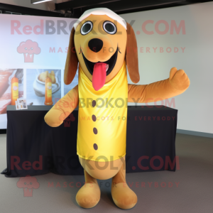Gold Hot Dog mascot costume character dressed with a Overalls and Scarf clips