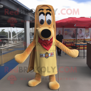 Gold Hot Dog mascot costume character dressed with a Overalls and Scarf clips