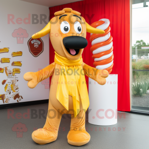 Gold Hot Dog mascot costume character dressed with a Overalls and Scarf clips