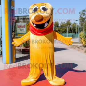 Gold Hot Dog mascot costume character dressed with a Overalls and Scarf clips