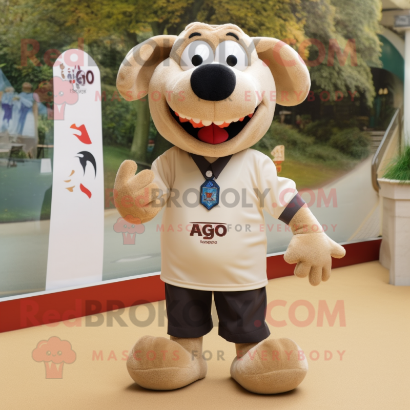 Beige Aglet mascot costume character dressed with a Rugby Shirt and Tie pins