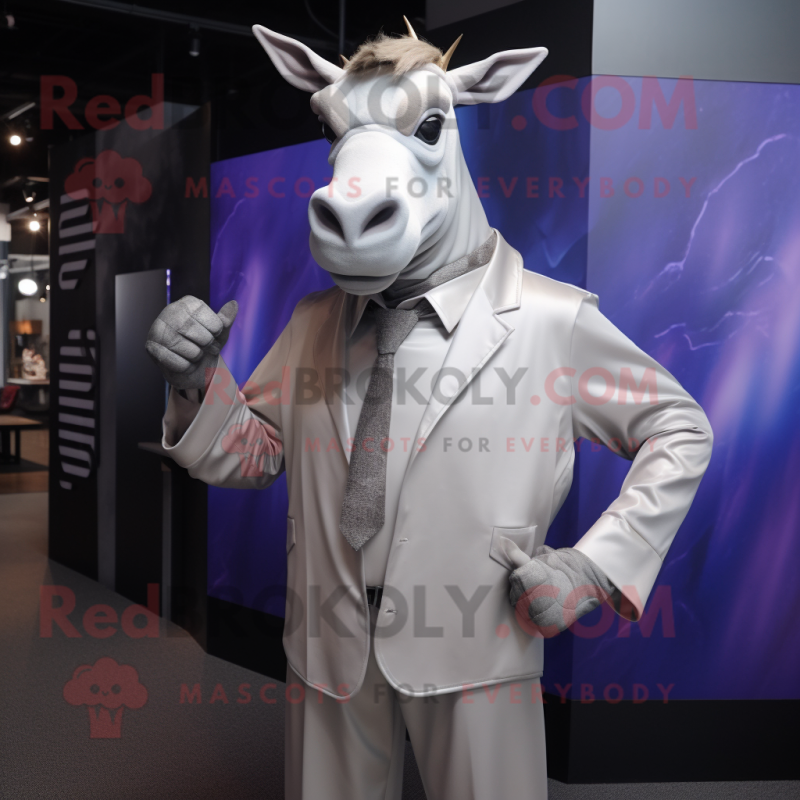 Silver Zebu mascot costume character dressed with a Blazer and Gloves Silver Zebu mascot costume character dressed with a Blazer and Gloves