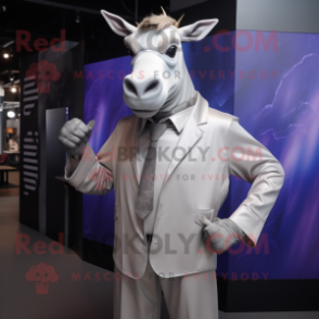 Silver Zebu mascot costume character dressed with a Blazer and Gloves