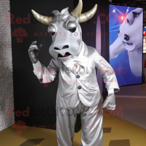 Silver Zebu mascot costume character dressed with a Blazer and Gloves