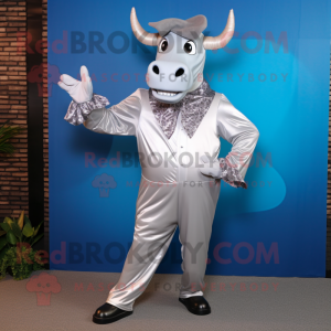 Silver Zebu mascot costume character dressed with a Blazer and Gloves