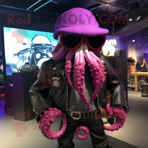 Magenta Kraken mascot costume character dressed with a Biker Jacket and Hat pins