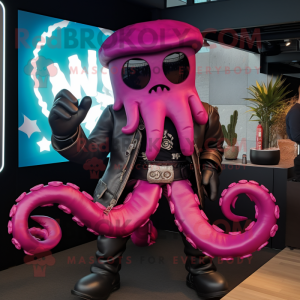 Magenta Kraken mascot costume character dressed with a Biker Jacket and Hat pins