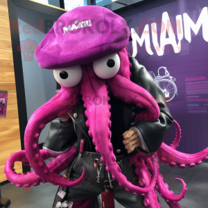 Magenta Kraken mascot costume character dressed with a Biker Jacket and Hat pins