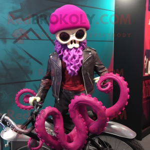 Magenta Kraken mascot costume character dressed with a Biker Jacket and Hat pins