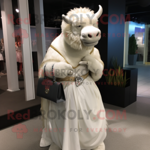 White Bison mascot costume character dressed with a Evening Gown and Handbags