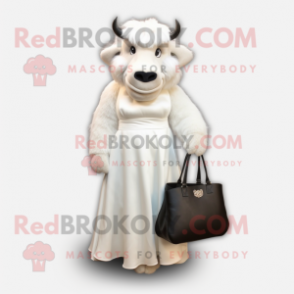 White Bison mascot costume character dressed with a Evening Gown and Handbags