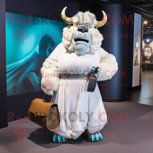 White Bison mascot costume character dressed with a Evening Gown and Handbags