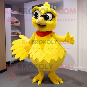 Lemon Yellow Hawk mascot costume character dressed with a Pleated Skirt and Mittens