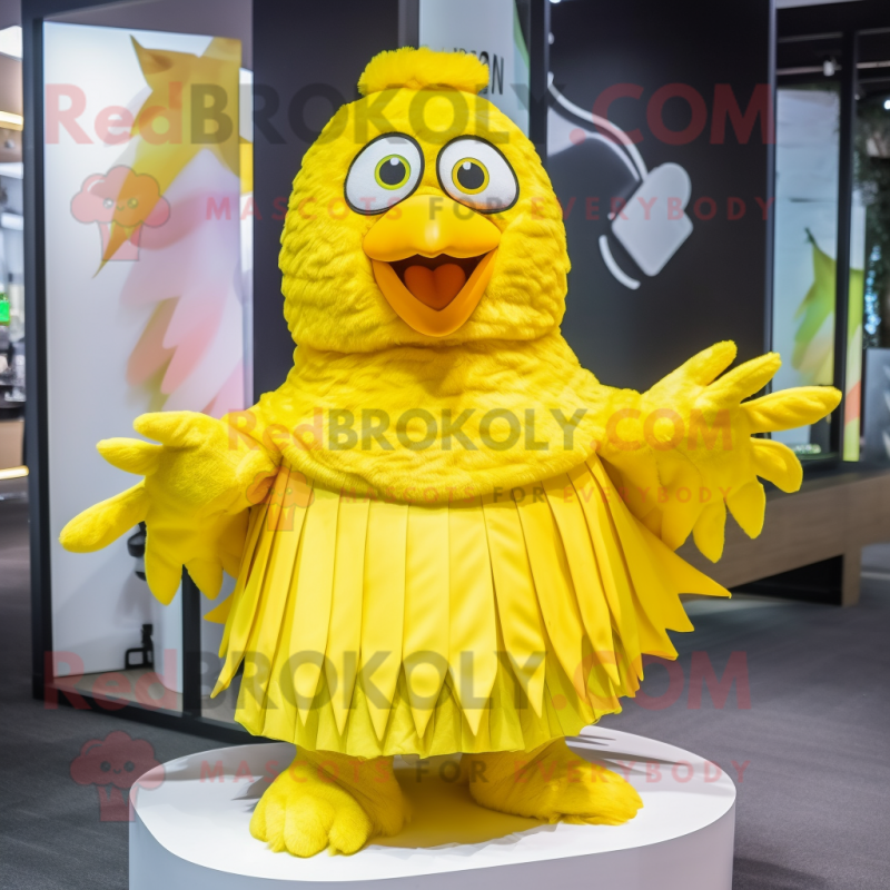 Lemon Yellow Hawk mascot costume character dressed with a Pleated Skirt and Mittens