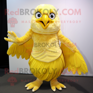 Lemon Yellow Hawk mascot costume character dressed with a Pleated Skirt and Mittens