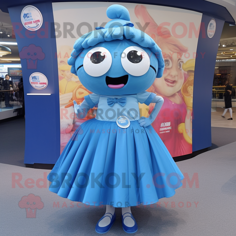 Blue Pho mascot costume character dressed with a Skirt and Coin purses Blue Pho mascot costume character dressed with a Skirt and Coin purses