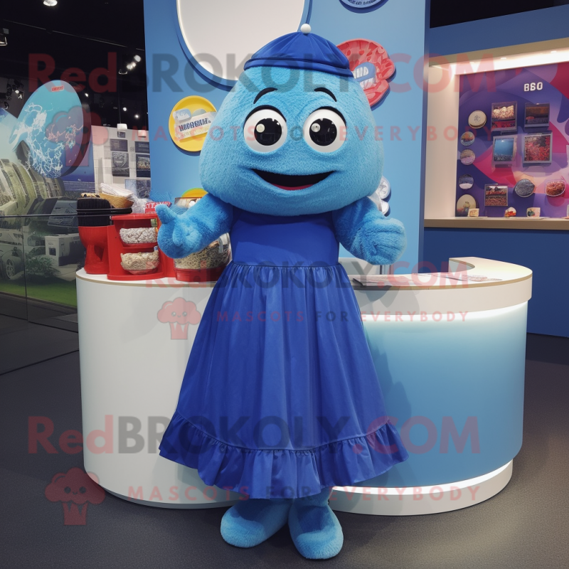 Blue Pho mascot costume character dressed with a Skirt and Coin purses Blue Pho mascot costume character dressed with a Skirt and Coin purses