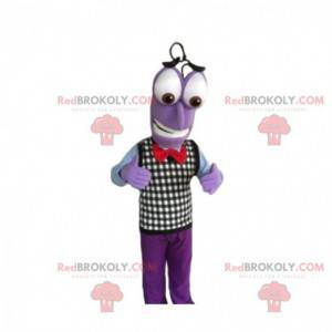 Mascotte de bonhomme violet avec un pull à carreaux -