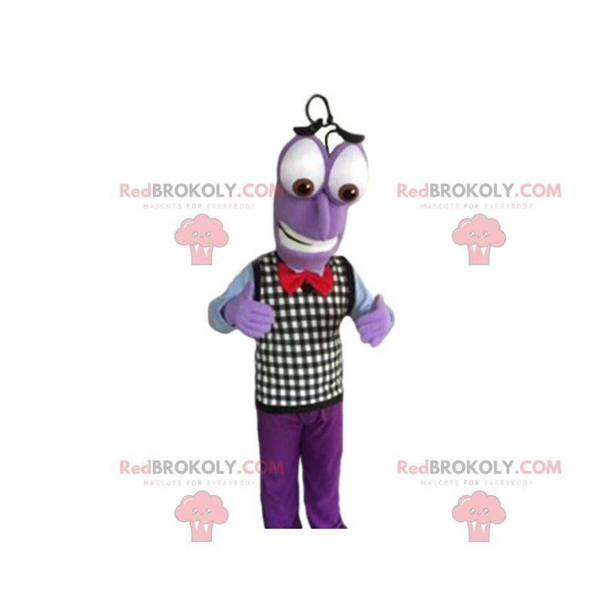 Mascota de muñeco de nieve púrpura con un suéter a cuadros -